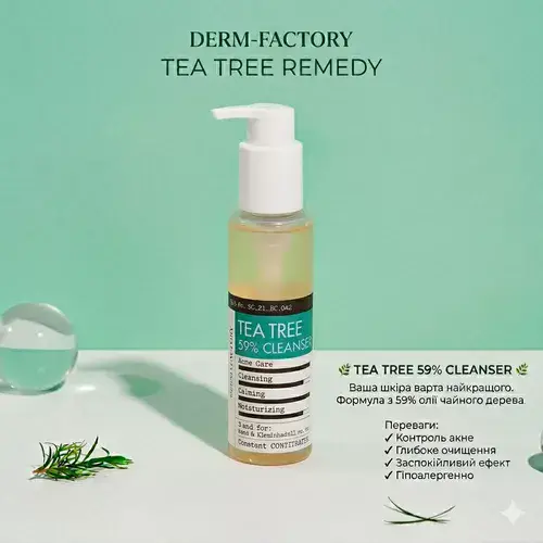 500x500_zaspokiilyvyi-ta-protyzapalnyi-hel-dlia-vmyvannia-derma-factory-tea-tree-59-cleanser-150ml_500x500 Заспокійливий та протизапальний гель для вмивання Derma Factory Tea Tree 59% Cleanser 150мл - Зображення 1